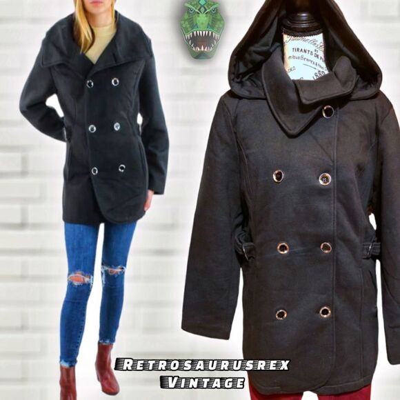 Intl D.E.T.A.I.L.S Classic Black Double Breasted Stretchy Hooded Peacoat Walker